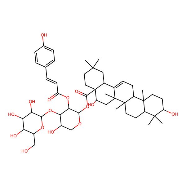 2D Structure of [5-Hydroxy-3-[3-(4-hydroxyphenyl)prop-2-enoyloxy]-4-[3,4,5-trihydroxy-6-(hydroxymethyl)oxan-2-yl]oxyoxan-2-yl] 5,10-dihydroxy-2,2,6a,6b,9,9,12a-heptamethyl-1,3,4,5,6,6a,7,8,8a,10,11,12,13,14b-tetradecahydropicene-4a-carboxylate