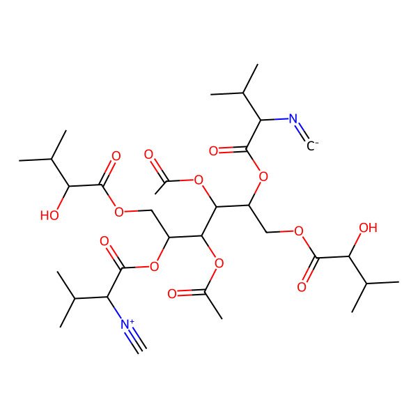 2D Structure of [(2S)-1-[(2R,3S,4R,5R)-3,4-diacetyloxy-1-[(2R)-2-hydroxy-3-methylbutanoyl]oxy-6-[(2S)-2-hydroxy-3-methylbutanoyl]oxy-5-[(2R)-2-(methanidylideneamino)-3-methylbutanoyl]oxyhexan-2-yl]oxy-3-methyl-1-oxobutan-2-yl]-methylidyneazanium