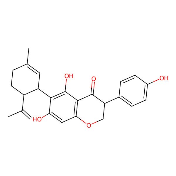 2D Structure of (3R)-5,7-dihydroxy-3-(4-hydroxyphenyl)-6-[(1R,6R)-3-methyl-6-prop-1-en-2-ylcyclohex-2-en-1-yl]-2,3-dihydrochromen-4-one