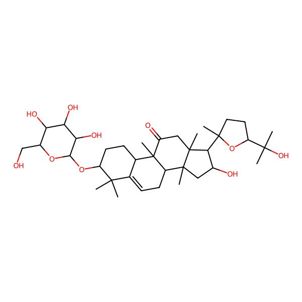 2D Structure of 16-Hydroxy-17-[5-(2-hydroxypropan-2-yl)-2-methyloxolan-2-yl]-4,4,9,13,14-pentamethyl-3-[3,4,5-trihydroxy-6-(hydroxymethyl)oxan-2-yl]oxy-1,2,3,7,8,10,12,15,16,17-decahydrocyclopenta[a]phenanthren-11-one