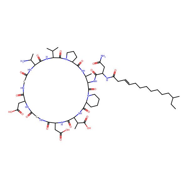 2D Structure of 2-[16-(1-Aminoethyl)-3-[[4-amino-2-(12-methyltetradec-3-enoylamino)-4-oxobutanoyl]amino]-22,28-bis(carboxymethyl)-4-methyl-2,6,12,15,18,21,24,27,30,33-decaoxo-13-propan-2-yl-1,5,11,14,17,20,23,26,29,32-decazatricyclo[32.4.0.07,11]octatriacontan-31-yl]propanoic acid