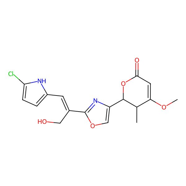 2D Structure of 2-[2-[1-(5-chloro-1H-pyrrol-2-yl)-3-hydroxyprop-1-en-2-yl]-1,3-oxazol-4-yl]-4-methoxy-3-methyl-2,3-dihydropyran-6-one