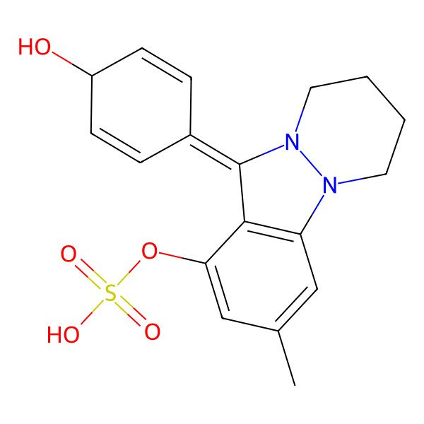 2D Structure of [11-(4-Hydroxycyclohexa-2,5-dien-1-ylidene)-3-methyl-6,7,8,9-tetrahydropyridazino[1,2-a]indazol-1-yl] hydrogen sulfate