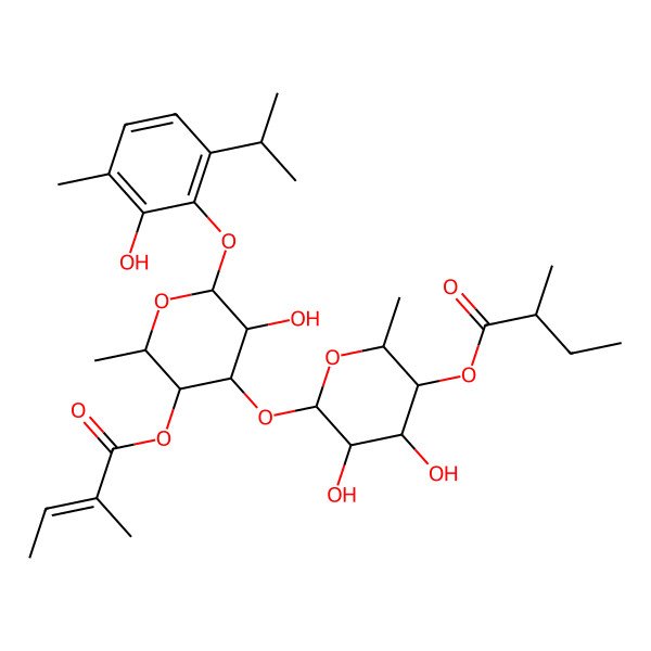 2D Structure of [4,5-Dihydroxy-6-[3-hydroxy-2-(2-hydroxy-3-methyl-6-propan-2-ylphenoxy)-6-methyl-5-(2-methylbut-2-enoyloxy)oxan-4-yl]oxy-2-methyloxan-3-yl] 2-methylbutanoate