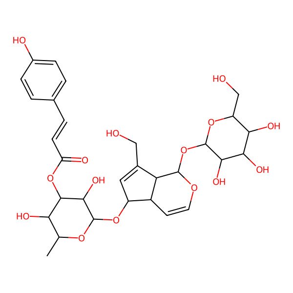 2D Structure of [3,5-Dihydroxy-2-[[7-(hydroxymethyl)-1-[3,4,5-trihydroxy-6-(hydroxymethyl)oxan-2-yl]oxy-1,4a,5,7a-tetrahydrocyclopenta[c]pyran-5-yl]oxy]-6-methyloxan-4-yl] 3-(4-hydroxyphenyl)prop-2-enoate