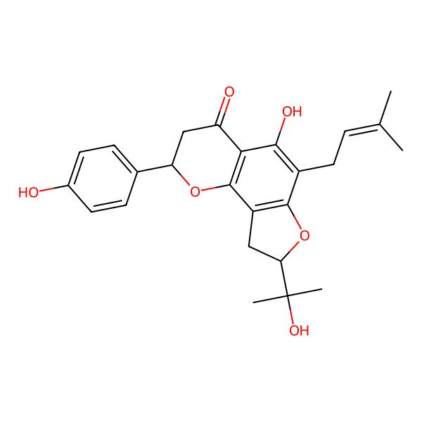 2D Structure of (2R,8S)-5-hydroxy-2-(4-hydroxyphenyl)-8-(2-hydroxypropan-2-yl)-6-(3-methylbut-2-enyl)-2,3,8,9-tetrahydrofuro[2,3-h]chromen-4-one