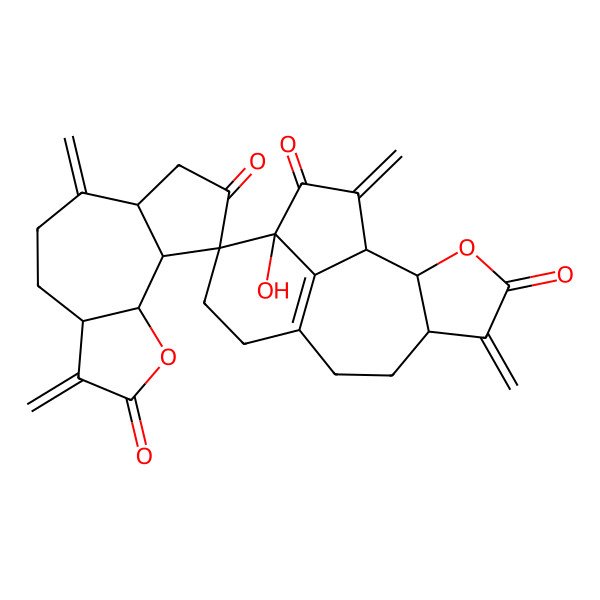 2D Structure of (1R,2S,3'aS,6S,6'aR,9'aR,9'bS,12R,13S)-13-hydroxy-3',5,6',15-tetramethylidenespiro[3-oxatetracyclo[7.6.1.02,6.013,16]hexadec-9(16)-ene-12,9'-4,5,6a,7,9a,9b-hexahydro-3aH-azuleno[4,5-b]furan]-2',4,8',14-tetrone