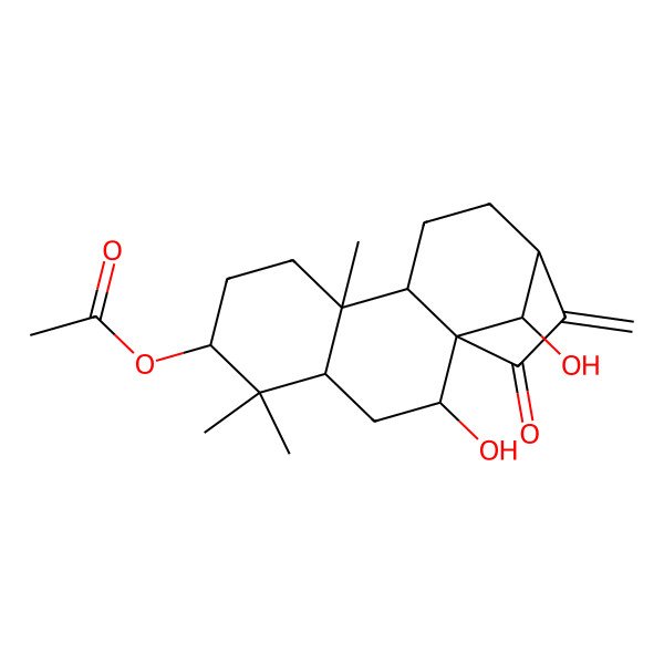 2D Structure of (2,16-Dihydroxy-5,5,9-trimethyl-14-methylidene-15-oxo-6-tetracyclo[11.2.1.01,10.04,9]hexadecanyl) acetate