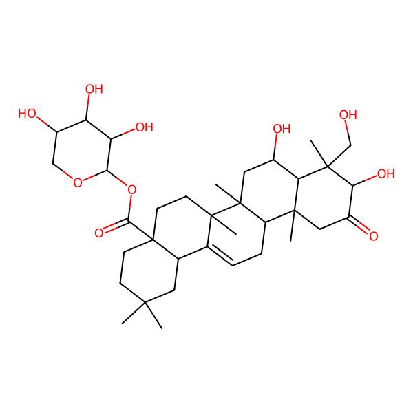 2D Structure of (3,4,5-trihydroxyoxan-2-yl) 8,10-dihydroxy-9-(hydroxymethyl)-2,2,6a,6b,9,12a-hexamethyl-11-oxo-3,4,5,6,6a,7,8,8a,10,12,13,14b-dodecahydro-1H-picene-4a-carboxylate