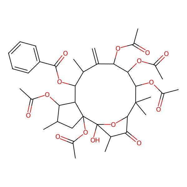 2D Structure of (2,5,10,11,12-Pentaacetyloxy-1-hydroxy-4,8,13,13,16-pentamethyl-9-methylidene-15-oxo-17-oxatricyclo[12.2.1.02,6]heptadecan-7-yl) benzoate