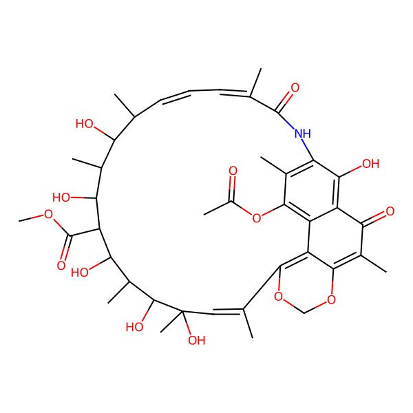 2D Structure of methyl (7E,9Z,11R,12R,13S,14R,15R,16R,17S,18R,19S,20E)-2-acetyloxy-12,14,16,18,19,31-hexahydroxy-3,7,11,13,17,19,21,27-octamethyl-6,28-dioxo-23,25-dioxa-5-azatetracyclo[20.7.1.14,29.026,30]hentriaconta-1,3,7,9,20,22(30),26,29(31)-octaene-15-carboxylate