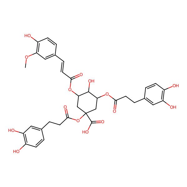 2D Structure of 1,3-Bis[3-(3,4-dihydroxyphenyl)propanoyloxy]-4-hydroxy-5-[3-(4-hydroxy-3-methoxyphenyl)prop-2-enoyloxy]cyclohexane-1-carboxylic acid