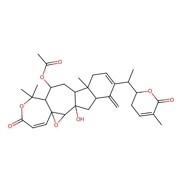 2D Structure of [1-Hydroxy-9,9,14-trimethyl-18-methylidene-17-[1-(5-methyl-6-oxo-2,3-dihydropyran-2-yl)ethyl]-7-oxo-3,8-dioxapentacyclo[11.7.0.02,4.04,10.014,19]icosa-5,16-dien-11-yl] acetate