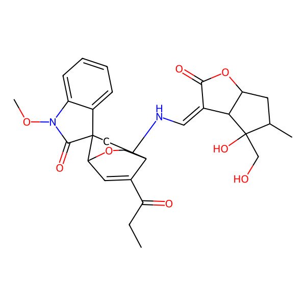 2D Structure of (1S,2S,4S,5R)-2-[[(Z)-[(3aS,4S,5S,6aS)-4-hydroxy-4-(hydroxymethyl)-5-methyl-2-oxo-3a,5,6,6a-tetrahydrocyclopenta[b]furan-3-ylidene]methyl]amino]-1'-methoxy-8-propanoylspiro[6-oxabicyclo[3.2.2]non-8-ene-4,3'-indole]-2'-one