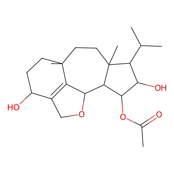 2D Structure of (4,12-Dihydroxy-6,9-dimethyl-5-propan-2-yl-15-oxatetracyclo[7.6.1.02,6.013,16]hexadec-13(16)-en-3-yl) acetate