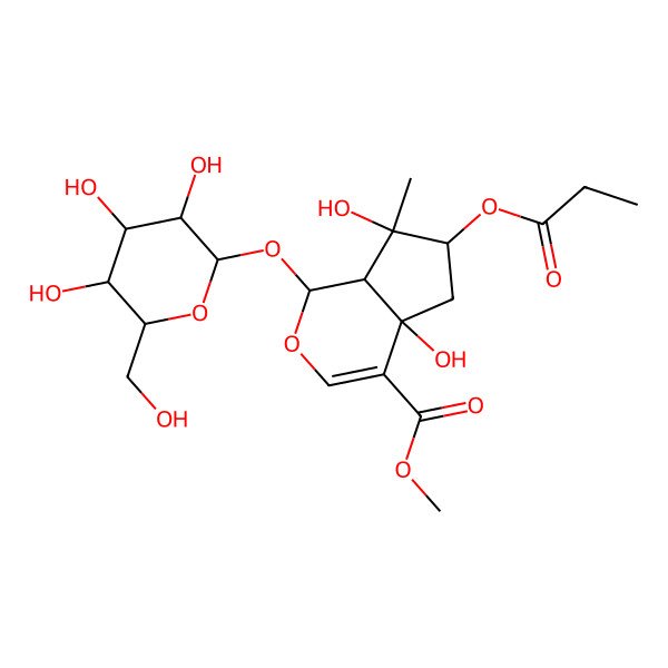 2D Structure of methyl (1S,4aR,6S,7R,7aS)-4a,7-dihydroxy-7-methyl-6-propanoyloxy-1-[(2S,3R,4S,5S,6R)-3,4,5-trihydroxy-6-(hydroxymethyl)oxan-2-yl]oxy-1,5,6,7a-tetrahydrocyclopenta[c]pyran-4-carboxylate