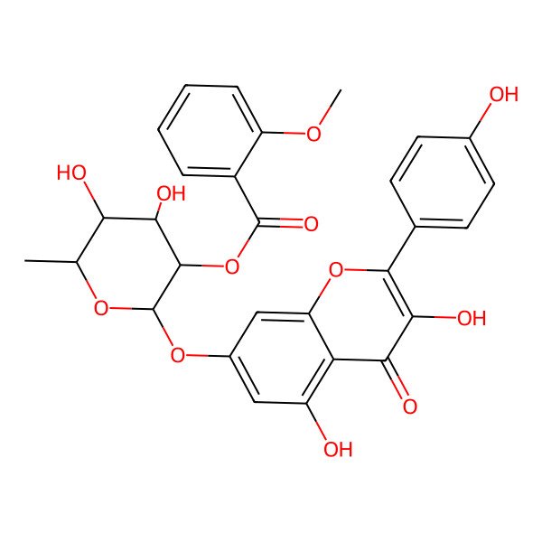2D Structure of [2-[3,5-Dihydroxy-2-(4-hydroxyphenyl)-4-oxochromen-7-yl]oxy-4,5-dihydroxy-6-methyloxan-3-yl] 2-methoxybenzoate