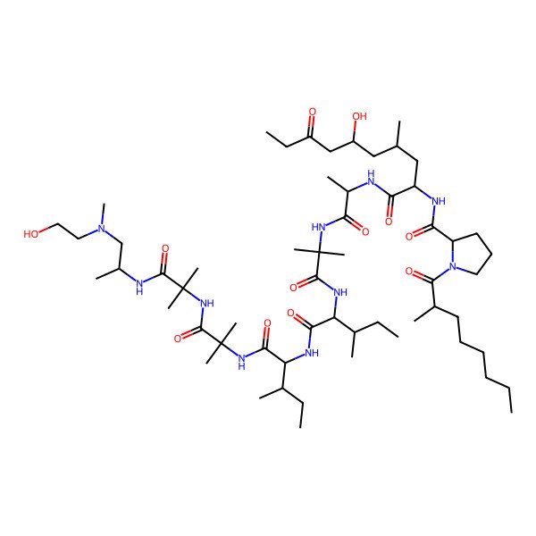 2D Structure of N-[6-hydroxy-1-[[1-[[1-[[1-[[1-[[1-[[1-[1-[2-hydroxyethyl(methyl)amino]propan-2-ylamino]-2-methyl-1-oxopropan-2-yl]amino]-2-methyl-1-oxopropan-2-yl]amino]-3-methyl-1-oxopentan-2-yl]amino]-3-methyl-1-oxopentan-2-yl]amino]-2-methyl-1-oxopropan-2-yl]amino]-1-oxopropan-2-yl]amino]-4-methyl-1,8-dioxodecan-2-yl]-1-(2-methyloctanoyl)pyrrolidine-2-carboxamide