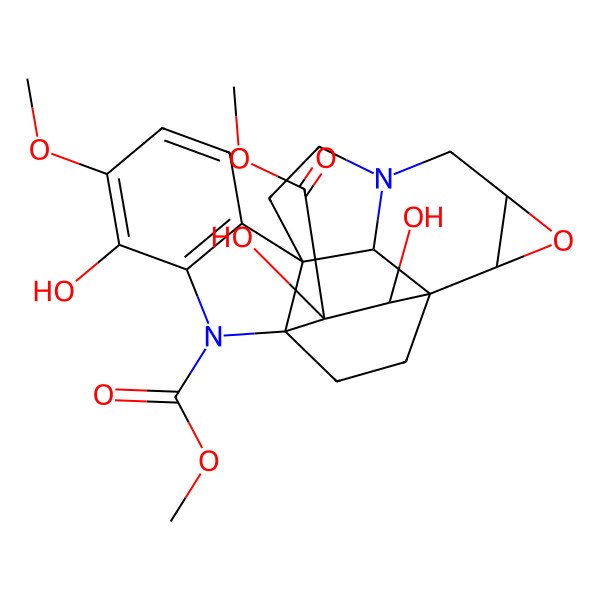 2D Structure of dimethyl (2R,4S,9R,18R,19R,22R)-14,18,19-trihydroxy-13-methoxy-3-oxa-6,16-diazaheptacyclo[15.2.2.11,6.02,4.09,17.010,15.09,22]docosa-10(15),11,13-triene-16,18-dicarboxylate