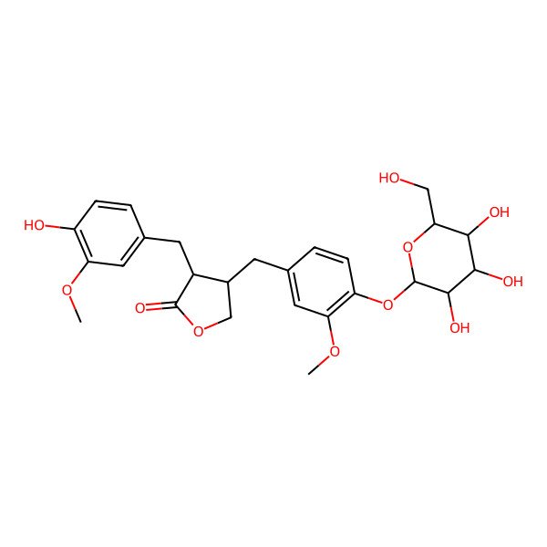 2D Structure of 3-[(4-Hydroxy-3-methoxyphenyl)methyl]-4-[[3-methoxy-4-[3,4,5-trihydroxy-6-(hydroxymethyl)oxan-2-yl]oxyphenyl]methyl]oxolan-2-one