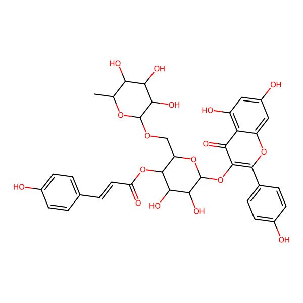 2D Structure of [(2R,3R,4R,5R,6S)-6-[5,7-dihydroxy-2-(4-hydroxyphenyl)-4-oxochromen-3-yl]oxy-4,5-dihydroxy-2-[[(2S,3R,4R,5R,6S)-3,4,5-trihydroxy-6-methyloxan-2-yl]oxymethyl]oxan-3-yl] (Z)-3-(4-hydroxyphenyl)prop-2-enoate