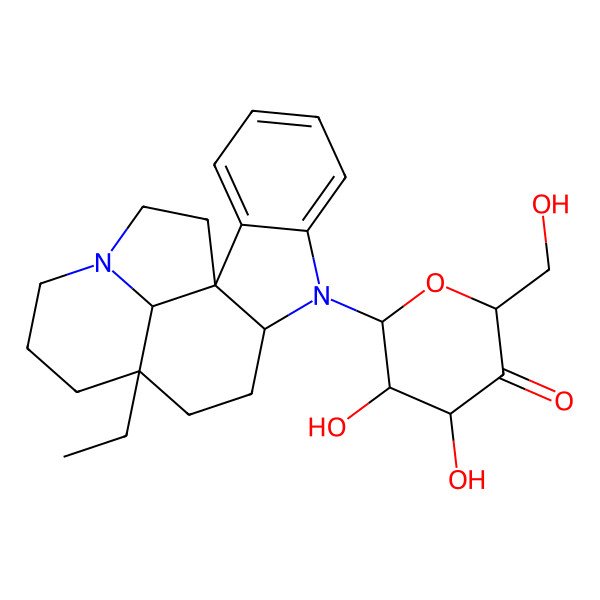 2D Structure of 6-(12-Ethyl-8,16-diazapentacyclo[10.6.1.01,9.02,7.016,19]nonadeca-2,4,6-trien-8-yl)-4,5-dihydroxy-2-(hydroxymethyl)oxan-3-one