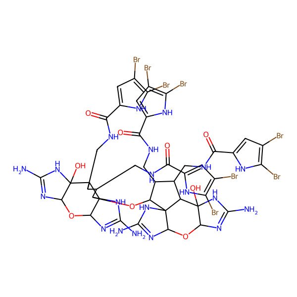 2D Structure of 4,5-dibromo-N-[[(1S,2S,3S,4R,5S,6R,10R,12S)-8,14-diamino-2-[[(1S,2S,3S,4R,5R,6R,10R,12S)-8,14-diamino-3,4-bis[[(4,5-dibromo-1H-pyrrole-2-carbonyl)amino]methyl]-6-hydroxy-11-oxa-7,9,13,15-tetrazatetracyclo[10.3.0.01,5.06,10]pentadeca-8,13-dien-2-yl]oxy]-3-[[(4,5-dibromo-1H-pyrrole-2-carbonyl)amino]methyl]-6-hydroxy-11-oxa-7,9,13,15-tetrazatetracyclo[10.3.0.01,5.06,10]pentadeca-8,13-dien-4-yl]methyl]-1H-pyrrole-2-carboxamide