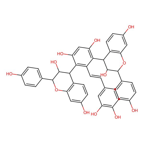 2D Structure of (2R,3R,4R)-4-[3-[(2R,3R,4R)-3,7-dihydroxy-2-(4-hydroxyphenyl)-3,4-dihydro-2H-chromen-4-yl]-2-[(E)-2-(3,4-dihydroxyphenyl)ethenyl]-4,6-dihydroxyphenyl]-2-(4-hydroxyphenyl)-3,4-dihydro-2H-chromene-3,7-diol