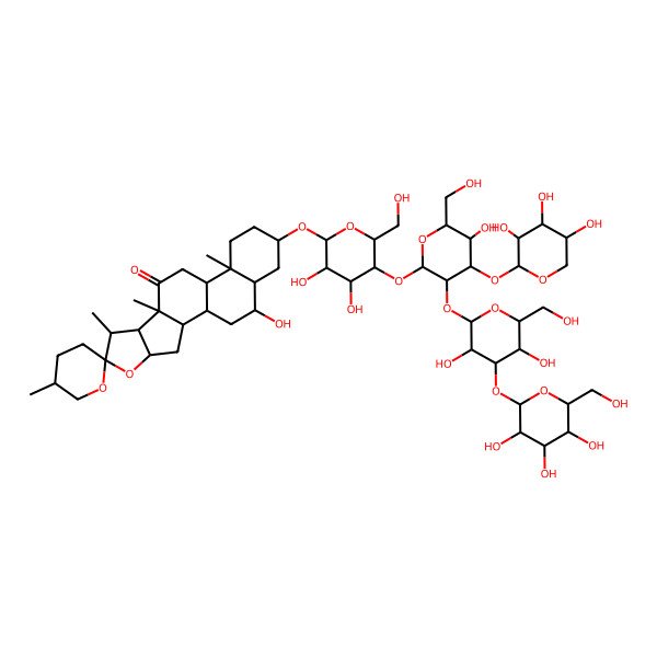 2D Structure of (1R,2S,4S,5'R,6R,7S,8R,9S,12S,13R,16S,18S,19R)-16-[(2R,3R,4R,5R,6R)-5-[(2S,3R,4S,5R,6R)-3-[(2S,3R,4S,5R,6R)-3,5-dihydroxy-6-(hydroxymethyl)-4-[(2S,3R,4S,5S,6R)-3,4,5-trihydroxy-6-(hydroxymethyl)oxan-2-yl]oxyoxan-2-yl]oxy-5-hydroxy-6-(hydroxymethyl)-4-[(2S,3R,4S,5R)-3,4,5-trihydroxyoxan-2-yl]oxyoxan-2-yl]oxy-3,4-dihydroxy-6-(hydroxymethyl)oxan-2-yl]oxy-19-hydroxy-5',7,9,13-tetramethylspiro[5-oxapentacyclo[10.8.0.02,9.04,8.013,18]icosane-6,2'-oxane]-10-one