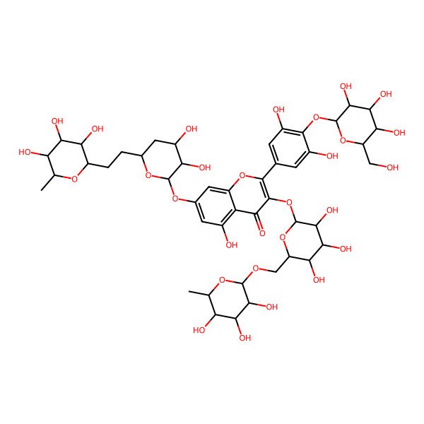 2D Structure of 2-[3,5-Dihydroxy-4-[3,4,5-trihydroxy-6-(hydroxymethyl)oxan-2-yl]oxyphenyl]-7-[3,4-dihydroxy-6-[2-(3,4,5-trihydroxy-6-methyloxan-2-yl)ethyl]oxan-2-yl]oxy-5-hydroxy-3-[3,4,5-trihydroxy-6-[(3,4,5-trihydroxy-6-methyloxan-2-yl)oxymethyl]oxan-2-yl]oxychromen-4-one