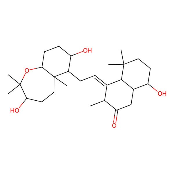 2D Structure of (3S,4Z,4aS,8R,8aS)-4-[2-[(3S,5aS,6S,7S,9aS)-3,7-dihydroxy-2,2,5a-trimethyl-3,4,5,6,7,8,9,9a-octahydrobenzo[b]oxepin-6-yl]ethylidene]-8-hydroxy-3,5,5-trimethyl-1,4a,6,7,8,8a-hexahydronaphthalen-2-one