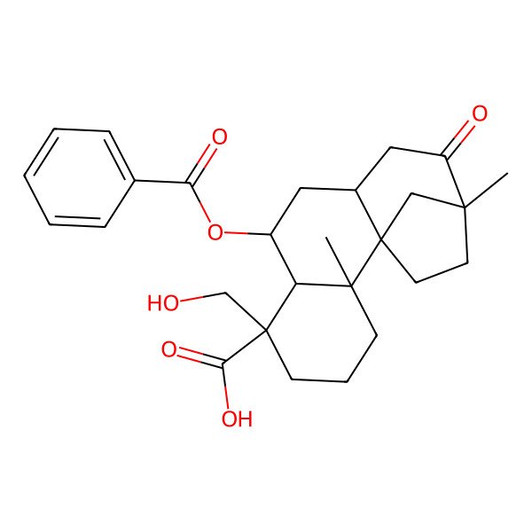 2D Structure of 8-Benzoyloxy-6-(hydroxymethyl)-2,13-dimethyl-12-oxotetracyclo[11.2.1.01,10.02,7]hexadecane-6-carboxylic acid