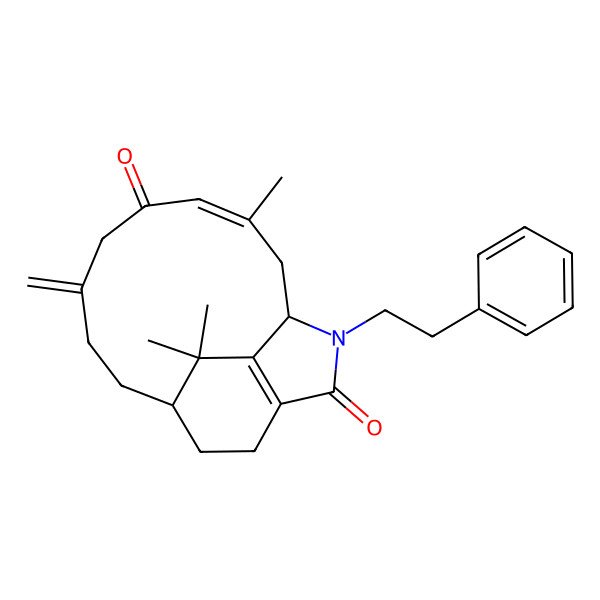 2D Structure of (1R,3E,10R)-3,17,17-trimethyl-7-methylidene-15-(2-phenylethyl)-15-azatricyclo[8.5.2.013,16]heptadeca-3,13(16)-diene-5,14-dione