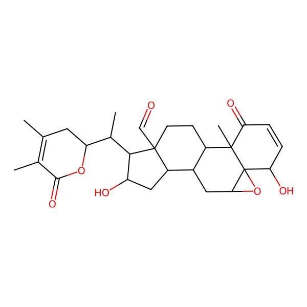 2D Structure of (1S,2R,6S,7R,9R,11S,12S,14R,15R,16R)-15-[(1S)-1-[(2R)-4,5-dimethyl-6-oxo-2,3-dihydropyran-2-yl]ethyl]-6,14-dihydroxy-2-methyl-3-oxo-8-oxapentacyclo[9.7.0.02,7.07,9.012,16]octadec-4-ene-16-carbaldehyde