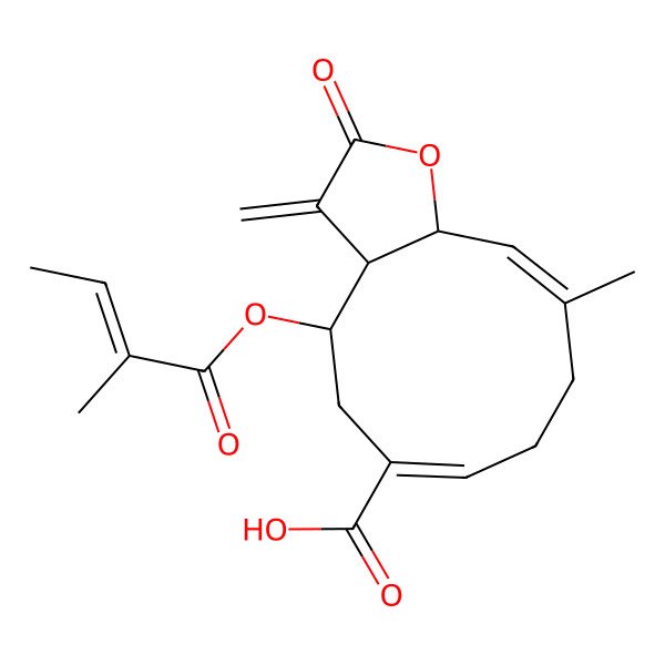 2D Structure of (3aR,4R,6E,10E,11aS)-10-methyl-4-[(Z)-2-methylbut-2-enoyl]oxy-3-methylidene-2-oxo-3a,4,5,8,9,11a-hexahydrocyclodeca[b]furan-6-carboxylic acid