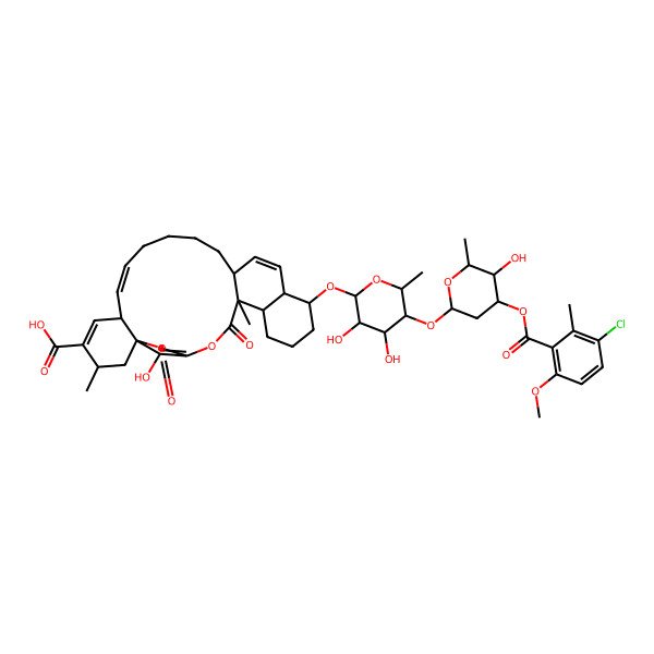 2D Structure of (1S,3R,6R,7Z,13R,16S,17S,21R,22R)-17-[(2R,3R,4R,5S,6R)-5-[(2S,4R,5R,6R)-4-(3-chloro-6-methoxy-2-methylbenzoyl)oxy-5-hydroxy-6-methyloxan-2-yl]oxy-3,4-dihydroxy-6-methyloxan-2-yl]oxy-28-hydroxy-3,22-dimethyl-23,26-dioxo-24,27-dioxapentacyclo[23.2.1.01,6.013,22.016,21]octacosa-4,7,14,25(28)-tetraene-4-carboxylic acid