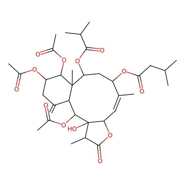 2D Structure of [2,14,15-Triacetyloxy-3-hydroxy-4,9,13-trimethyl-17-methylidene-12-(2-methylpropanoyloxy)-5-oxo-6-oxatricyclo[11.4.0.03,7]heptadec-8-en-10-yl] 3-methylbutanoate