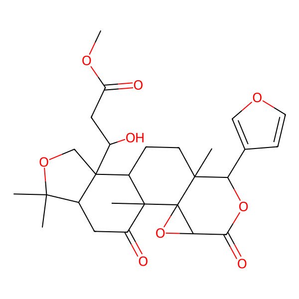 2D Structure of Methyl 3-[7-(furan-3-yl)-1,8,15,15-tetramethyl-5,18-dioxo-3,6,14-trioxapentacyclo[9.7.0.02,4.02,8.012,16]octadecan-12-yl]-3-hydroxypropanoate