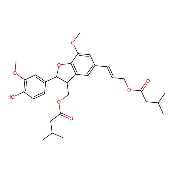 2D Structure of [(E)-3-[(2R,3R)-2-(4-hydroxy-3-methoxyphenyl)-7-methoxy-3-(3-methylbutanoyloxymethyl)-2,3-dihydro-1-benzofuran-5-yl]prop-2-enyl] 3-methylbutanoate