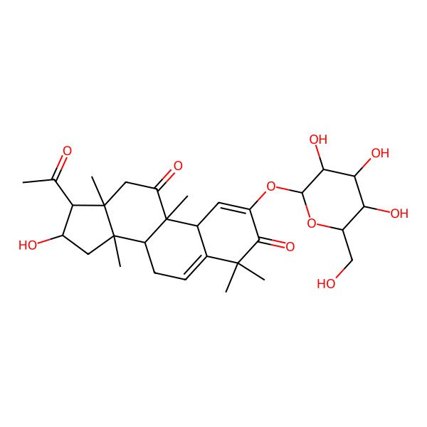 2D Structure of 17-acetyl-16-hydroxy-4,4,9,13,14-pentamethyl-2-[3,4,5-trihydroxy-6-(hydroxymethyl)oxan-2-yl]oxy-8,10,12,15,16,17-hexahydro-7H-cyclopenta[a]phenanthrene-3,11-dione