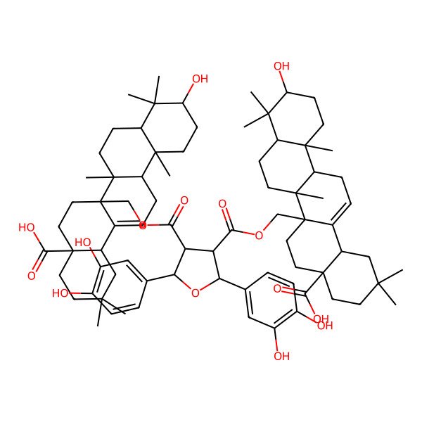 2D Structure of 6a-[[4-[(4a-Carboxy-10-hydroxy-2,2,6b,9,9,12a-hexamethyl-1,3,4,5,6,6a,7,8,8a,10,11,12,13,14b-tetradecahydropicen-6a-yl)methoxycarbonyl]-2,5-bis(3,4-dihydroxyphenyl)oxolane-3-carbonyl]oxymethyl]-10-hydroxy-2,2,6b,9,9,12a-hexamethyl-1,3,4,5,6,6a,7,8,8a,10,11,12,13,14b-tetradecahydropicene-4a-carboxylic acid