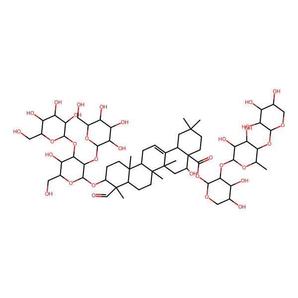 2D Structure of [(2S,3R,4S,5S)-3-[(2S,3R,4S,5R,6S)-3,4-dihydroxy-6-methyl-5-[(2S,3R,4S,5R)-3,4,5-trihydroxyoxan-2-yl]oxyoxan-2-yl]oxy-4,5-dihydroxyoxan-2-yl] (4aR,5R,6aR,6aS,6bR,8aR,9S,10S,12aR,14bS)-9-formyl-5-hydroxy-10-[(2R,3R,4S,5R,6R)-5-hydroxy-6-(hydroxymethyl)-4-[(2S,3R,4S,5S,6R)-3,4,5-trihydroxy-6-(hydroxymethyl)oxan-2-yl]oxy-3-[(2S,3R,4S,5R,6R)-3,4,5-trihydroxy-6-(hydroxymethyl)oxan-2-yl]oxyoxan-2-yl]oxy-2,2,6a,6b,9,12a-hexamethyl-1,3,4,5,6,6a,7,8,8a,10,11,12,13,14b-tetradecahydropicene-4a-carboxylate
