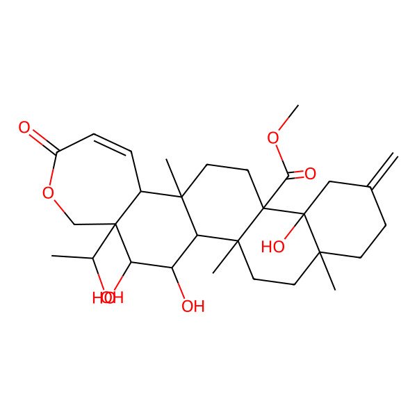 2D Structure of methyl (1S,2R,5R,10S,11S,14S,15S,21R,22R,23S)-10,22,23-trihydroxy-21-(1-hydroxyethyl)-2,5,14-trimethyl-8-methylidene-18-oxo-19-oxapentacyclo[12.9.0.02,11.05,10.015,21]tricos-16-ene-11-carboxylate