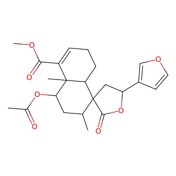 2D Structure of methyl (4aS,5R,5'S,6R,8S,8aR)-8-acetyloxy-5'-(furan-3-yl)-6,8a-dimethyl-2'-oxospiro[3,4,4a,6,7,8-hexahydronaphthalene-5,3'-oxolane]-1-carboxylate
