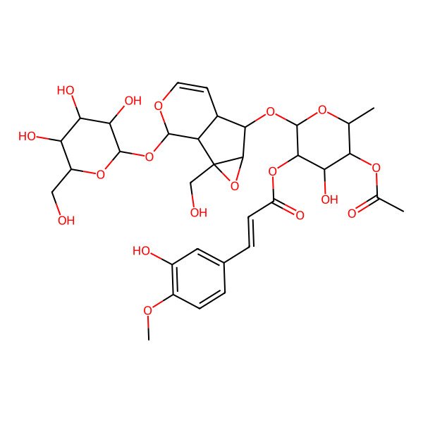 2D Structure of [(2S,3R,4R,5R,6S)-5-acetyloxy-4-hydroxy-2-[[(1S,2S,4S,5S,6R,10S)-2-(hydroxymethyl)-10-[(2S,3R,4S,5S,6R)-3,4,5-trihydroxy-6-(hydroxymethyl)oxan-2-yl]oxy-3,9-dioxatricyclo[4.4.0.02,4]dec-7-en-5-yl]oxy]-6-methyloxan-3-yl] (E)-3-(3-hydroxy-4-methoxyphenyl)prop-2-enoate