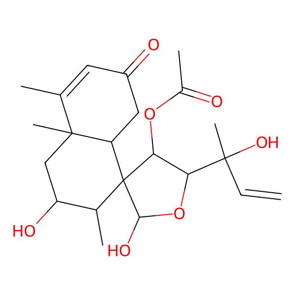 2D Structure of [(2S,2'S,3R,3'S,4S,4aR,5'R,8aS)-2,5'-dihydroxy-2'-[(2R)-2-hydroxybut-3-en-2-yl]-3,8,8a-trimethyl-6-oxospiro[2,3,4a,5-tetrahydro-1H-naphthalene-4,4'-oxolane]-3'-yl] acetate
