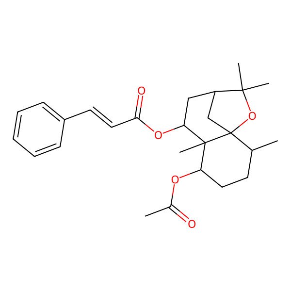 2D Structure of [(1S,2R,5R,6S,7S,9R)-5-acetyloxy-2,6,10,10-tetramethyl-11-oxatricyclo[7.2.1.01,6]dodecan-7-yl] 3-phenylprop-2-enoate