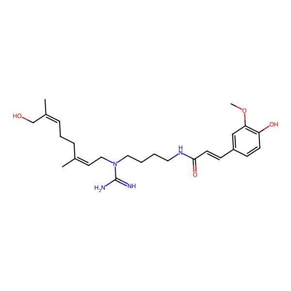 2D Structure of (E)-N-[4-[carbamimidoyl-[(2E,6E)-8-hydroxy-3,7-dimethylocta-2,6-dienyl]amino]butyl]-3-(4-hydroxy-3-methoxyphenyl)prop-2-enamide