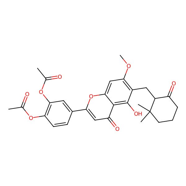 2D Structure of [2-Acetyloxy-4-[6-[(2,2-dimethyl-6-oxocyclohexyl)methyl]-5-hydroxy-7-methoxy-4-oxochromen-2-yl]phenyl] acetate