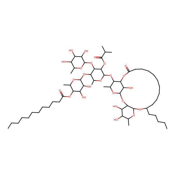 2D Structure of [(2S,3R,4S,5R,6S)-4,5-dihydroxy-2-methyl-6-[(2S,3S,4R,5R,6S)-2-methyl-5-(2-methylpropanoyloxy)-6-[[(1S,3R,4S,5R,6R,8R,10S,22S,23S,24S,26R)-4,5,26-trihydroxy-6,24-dimethyl-20-oxo-10-pentyl-2,7,9,21,25-pentaoxatricyclo[20.3.1.03,8]hexacosan-23-yl]oxy]-4-[(2S,3R,4R,5R,6S)-3,4,5-trihydroxy-6-methyloxan-2-yl]oxyoxan-3-yl]oxyoxan-3-yl] dodecanoate